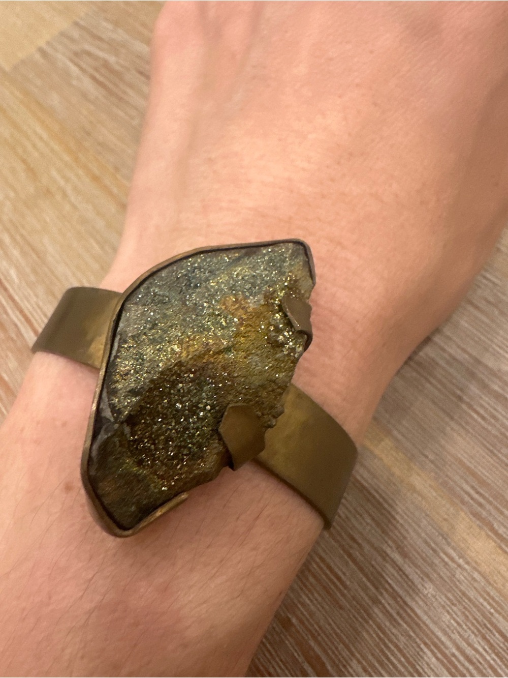 Raw Pyrite Druzy Statement Open-Cuff Brass Bracelet - Picture 2 of 4